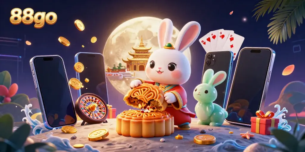 Bet big with 88go as moon rabbits reveal poker chips from mooncakes in this vibrant casino scene.
