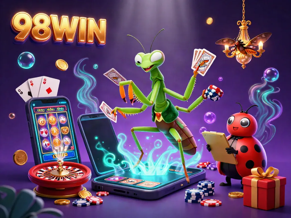 Engage in thrilling casino action with 98WIN as characters intermingle amidst colorful slot games.