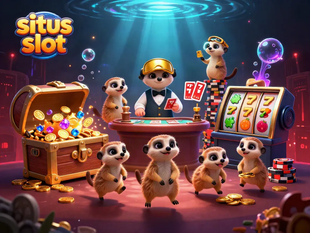 Engage with situs slot and explore a vibrant 3D casino scene featuring meerkats amidst dynamic gambling elements.
