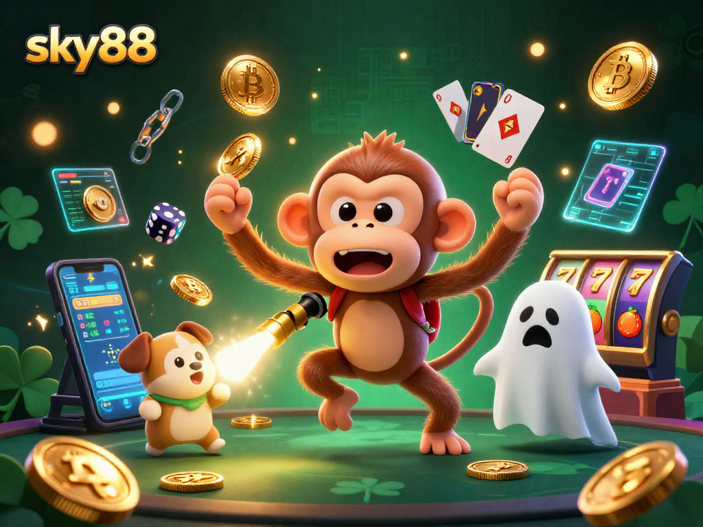 Engage with the sky88 haunted casino as a ghost-hunting puppy tracks a playful monkey juggling coins.