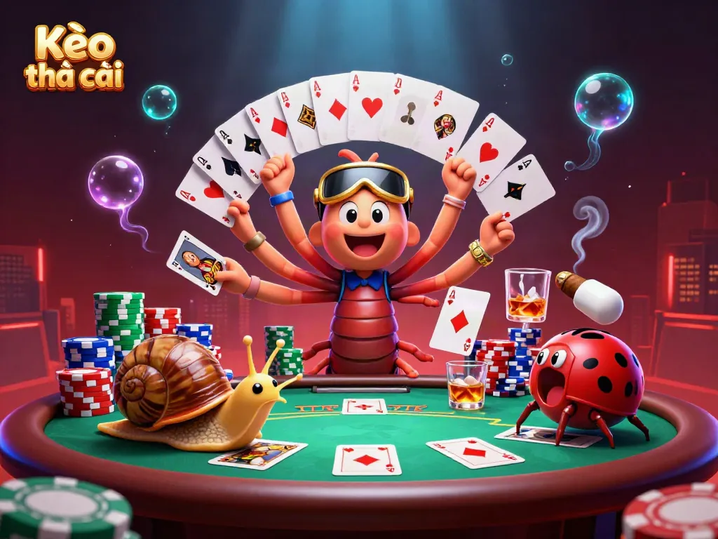 Engage with Kèo nhà cái's immersive betting action, featuring giant poker stacks and playful characters.