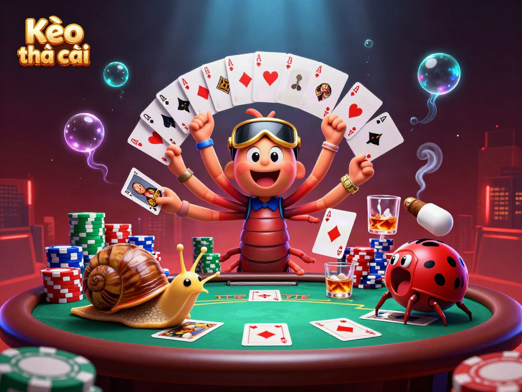 Engage with Kèo nhà cái's immersive betting action, featuring giant poker stacks and playful characters.