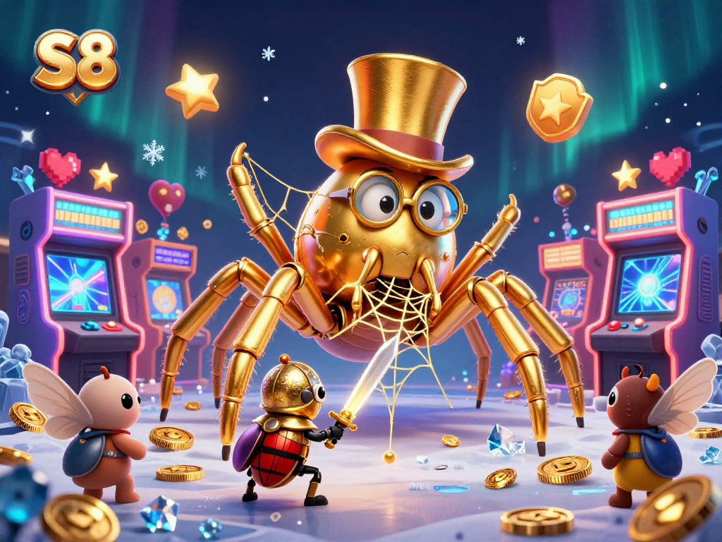 S8 offers exciting gameplay where players engage with giant characters in a vibrant casino scene.