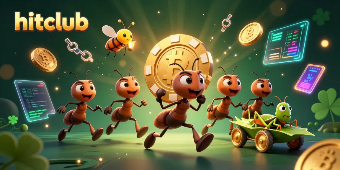 Join the adventure at hitclub as ants flee with a giant golden poker chip amidst crypto coins and vibrant effects.