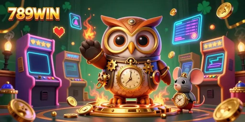 Engage in thrilling gameplay with 789WIN's energetic 3D casino illustration flaunting unique characters and vibrant gaming elements.