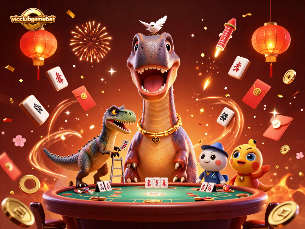Experience big wins at vicclubgamebai with a vibrant casino scene featuring cartoon characters dealing cards.