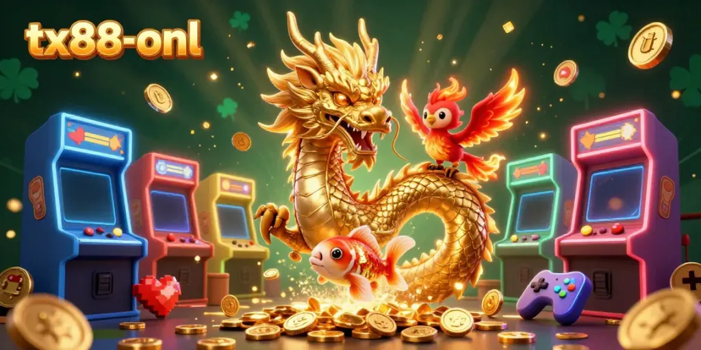 Experience exhilarating play at tx88-onl with vibrant casino-themed scene featuring a golden dragon and lucky koi fish.