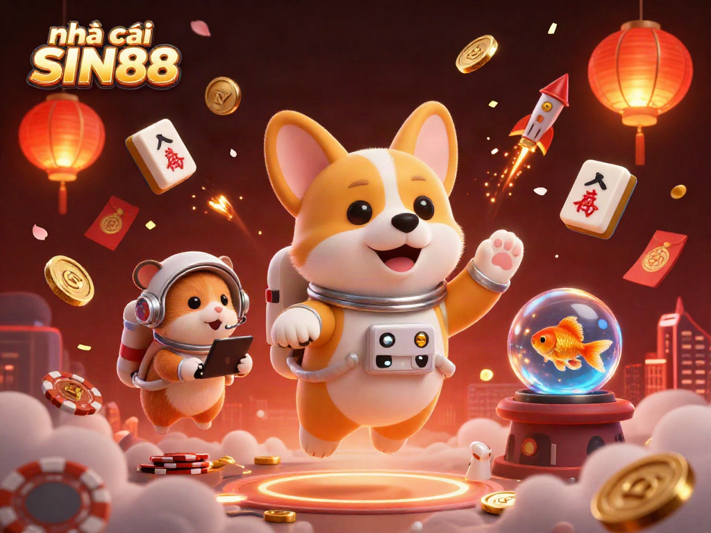 Engage with the vivid universe of nhà cái SIN88 featuring a playful astronaut corgi and casino elements.
