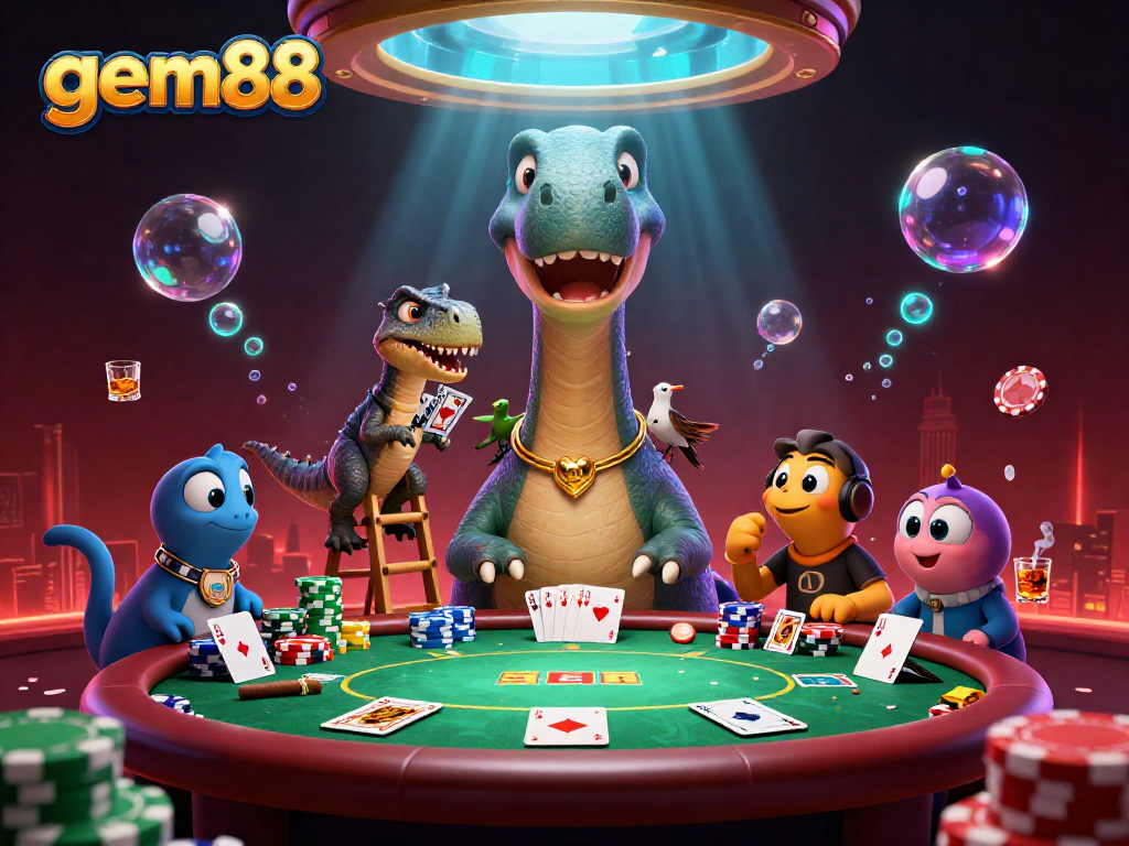 Engage with gem88 through an immersive 3D casino scene featuring a brontosaurus and raptor at a poker table.