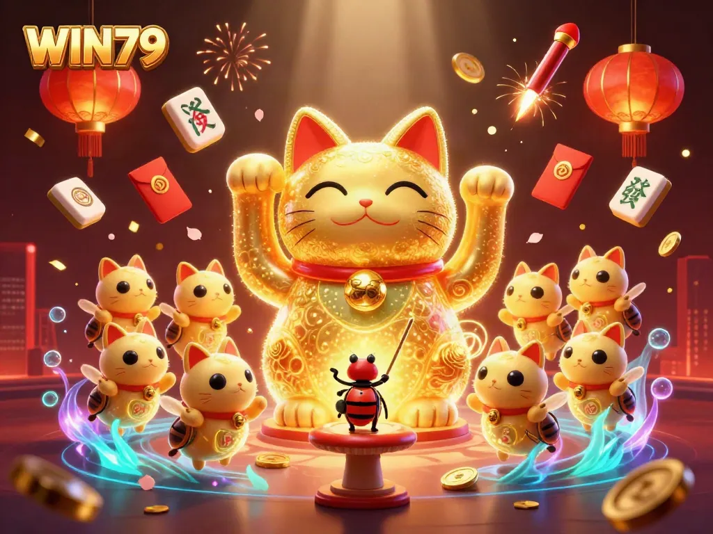 WIN79 casino symbols illuminated by golden fireflies and festive elements in a vibrant illustration.
