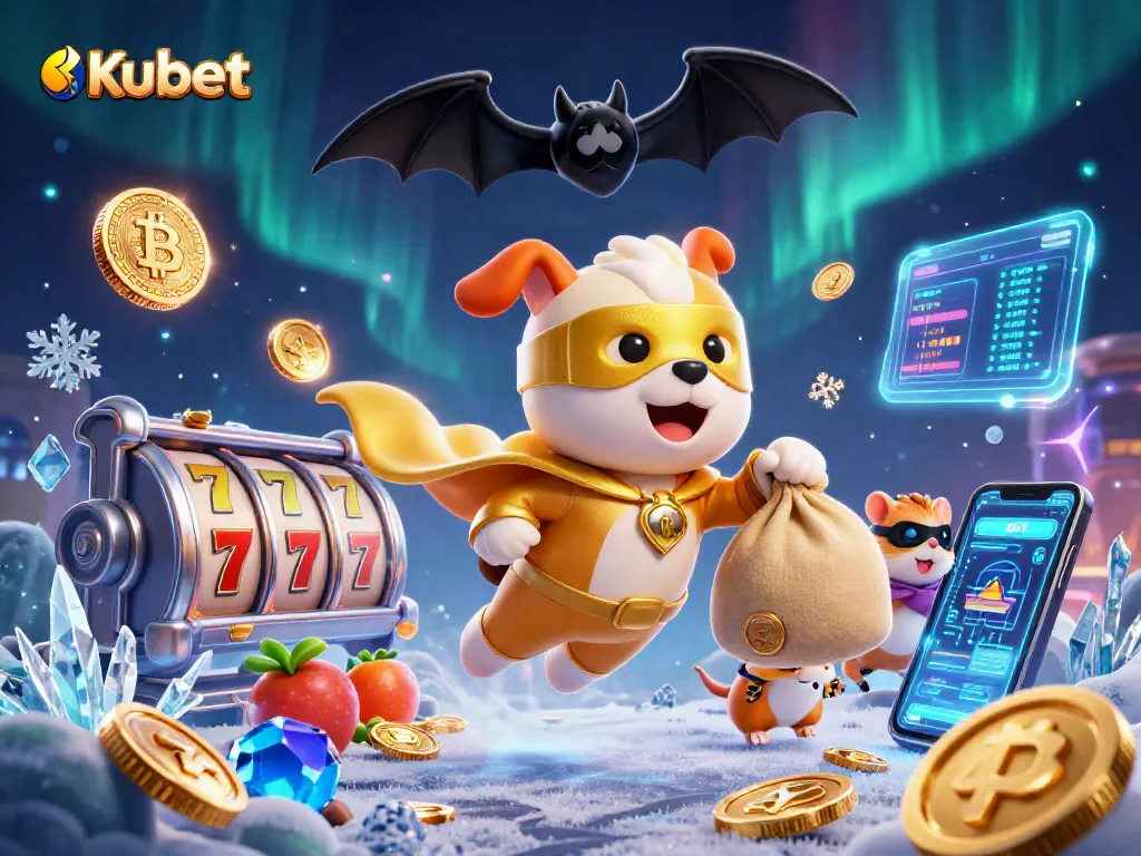Kubet displays vibrant slots and crypto elements with superhero dog and sidekick in lively casino scene.