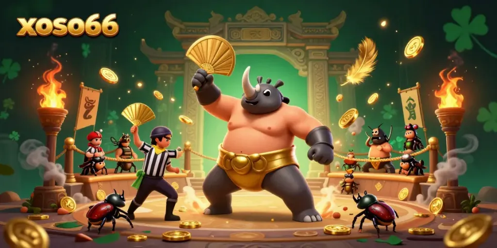 Experience the excitement at xoso66 as a sumo champion beetle stomps coins amidst a vibrant casino arena.