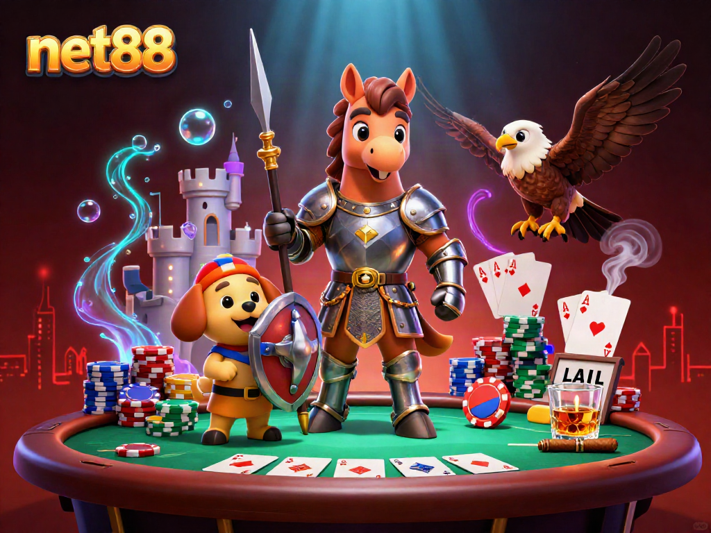 Experience thrilling poker action with net88 as cartoon characters engage in a vibrant casino scene.