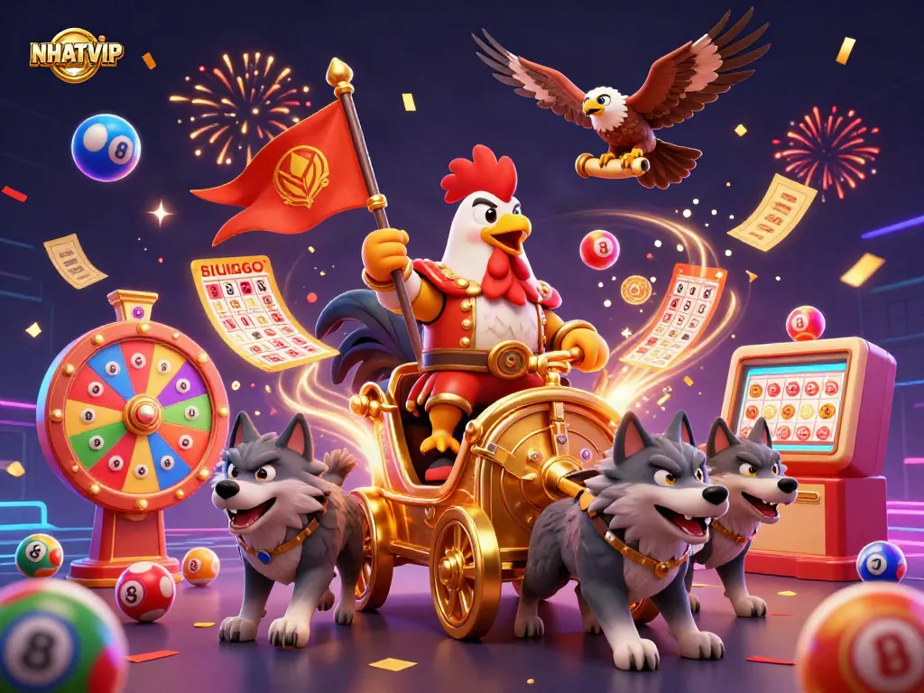 Engage with NHATVIP's thrilling online gaming scene featuring colorful lottery elements and dynamic characters.