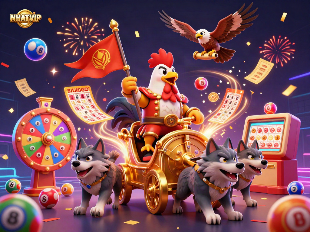 Engage with NHATVIP's thrilling online gaming scene featuring colorful lottery elements and dynamic characters.