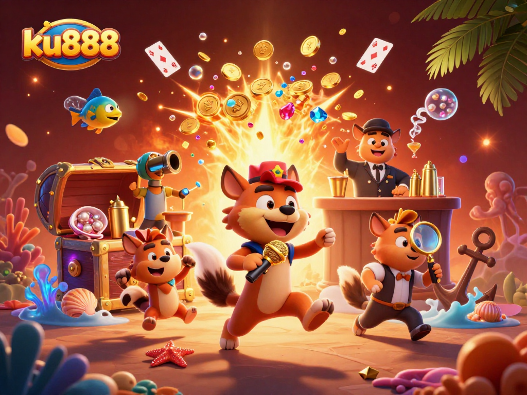 Experience the excitement of ku888 with hyenas running a comedy casino club amidst treasure and vibrant casino elements.