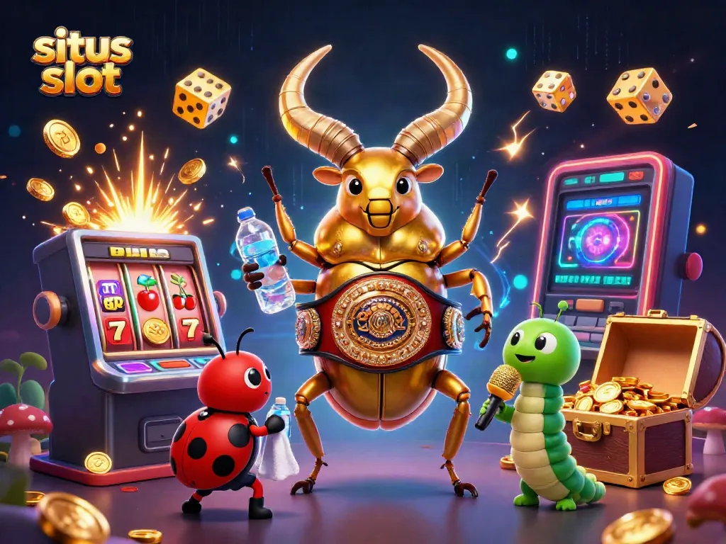 Situs slot features a vibrant 3D illustration of characters and slot elements celebrating a jackpot