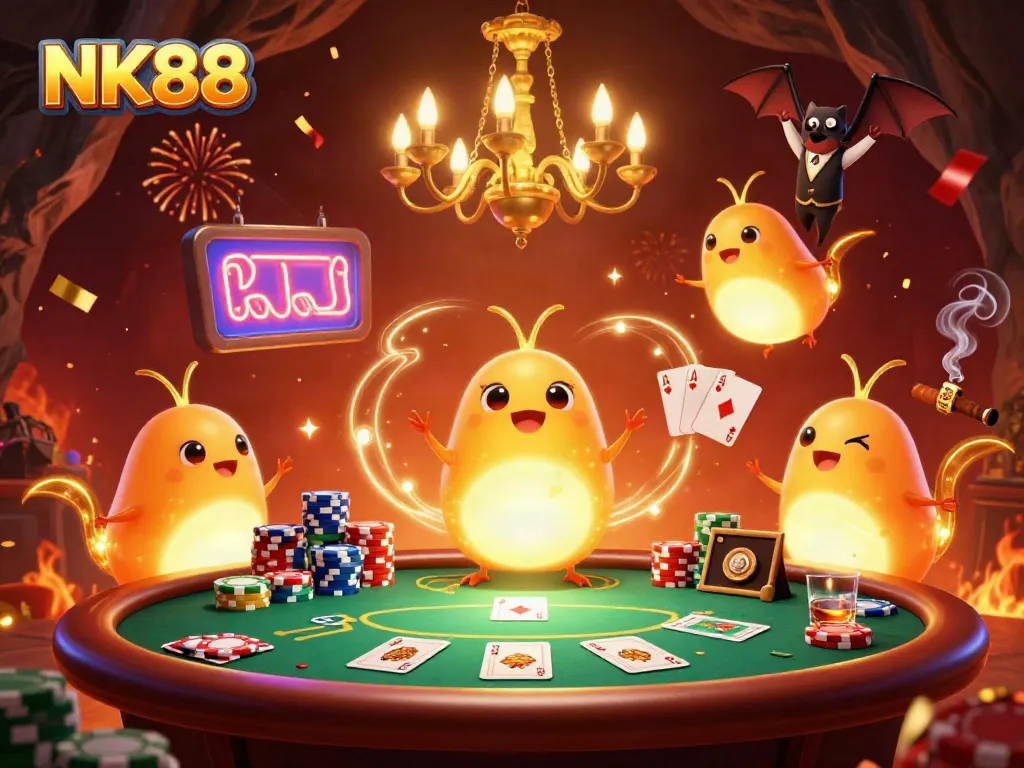 Winning at NK88, glowworms illuminate a lively cave casino scene filled with poker elements.
