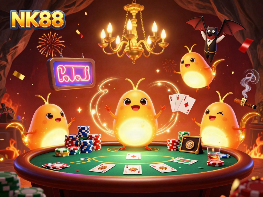 Winning at NK88, glowworms illuminate a lively cave casino scene filled with poker elements.