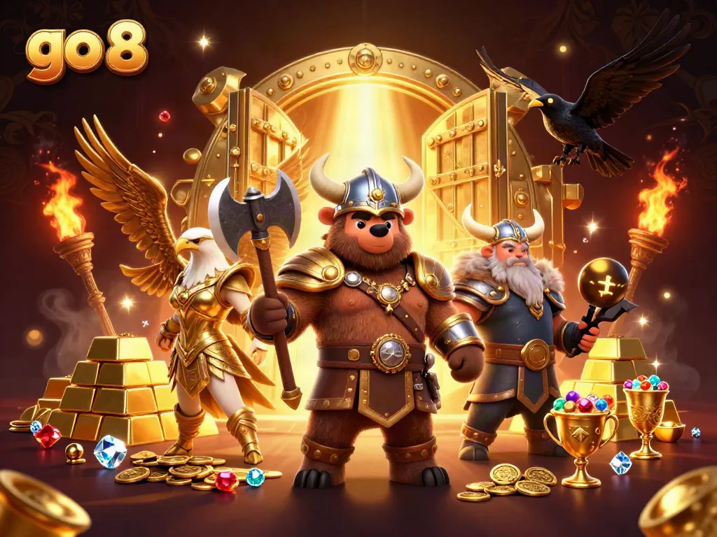 Engage in thrilling gameplay at go 8 with our dynamic Viking and Valkyrie scene showcasing rich casino elements.