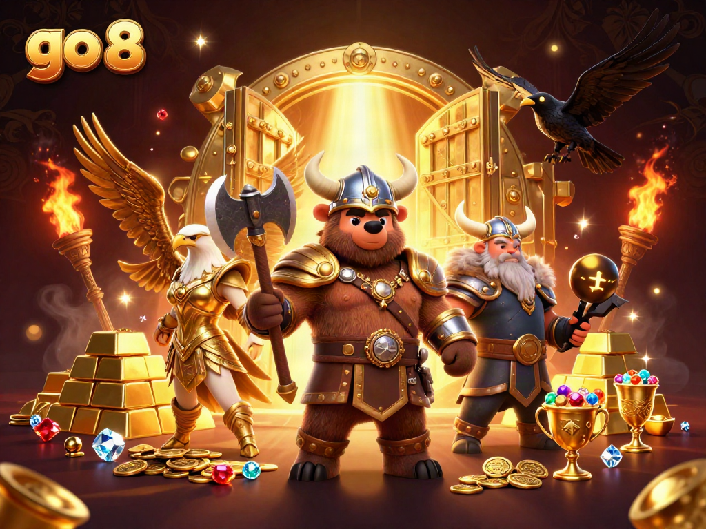 Engage in thrilling gameplay at go 8 with our dynamic Viking and Valkyrie scene showcasing rich casino elements.