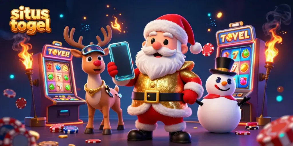 Engage with situs togel, featuring Santa and friends in a vibrant casino scene with dynamic slot games.