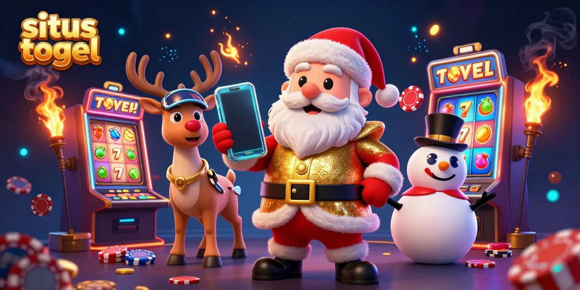 Engage with situs togel, featuring Santa and friends in a vibrant casino scene with dynamic slot games.