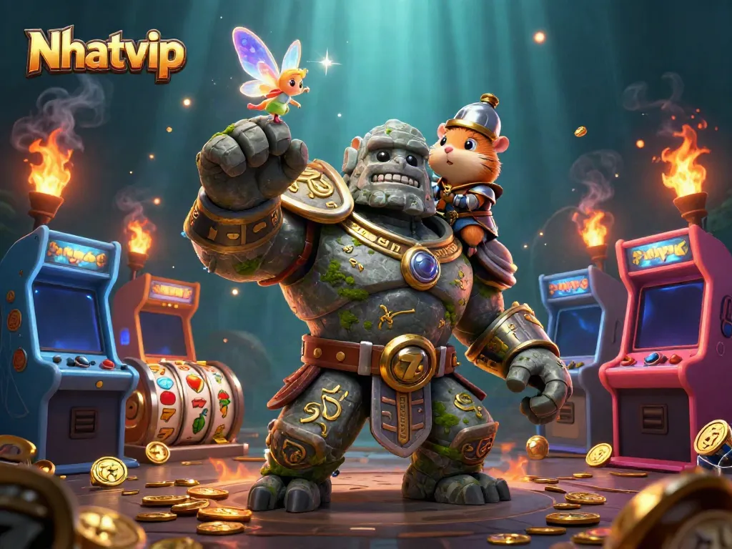 Nhatvip slots scene featuring a magical golem guardian, fairy, and hamster knight amidst vibrant casino elements.