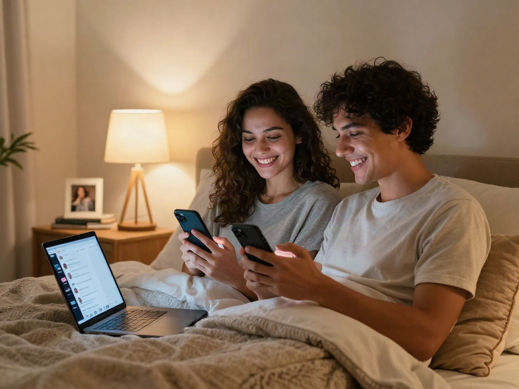 Couple enjoying ai sexting on smartphones in cozy bedroom, capturing intimate digital connection.