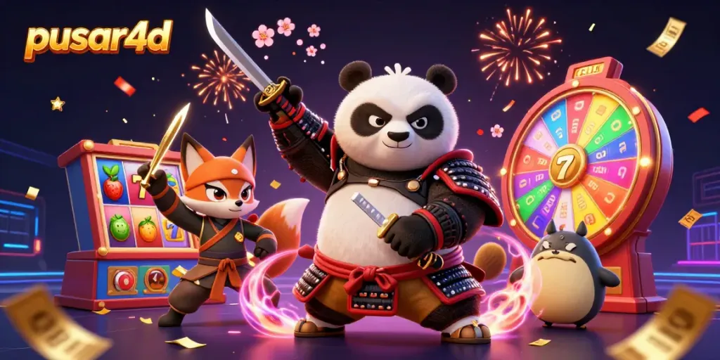 Experience thrilling action with pusar4d featuring a samurai panda, ninja fox, and tanuki in a vibrant casino scene.