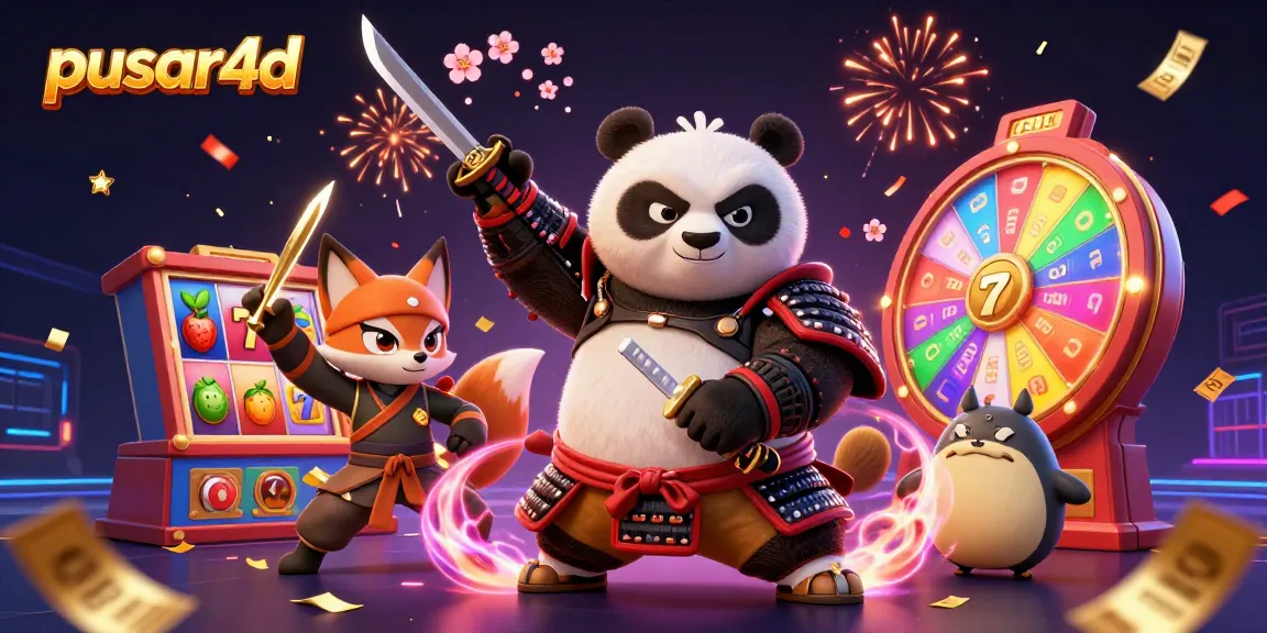 Experience thrilling action with pusar4d featuring a samurai panda, ninja fox, and tanuki in a vibrant casino scene.