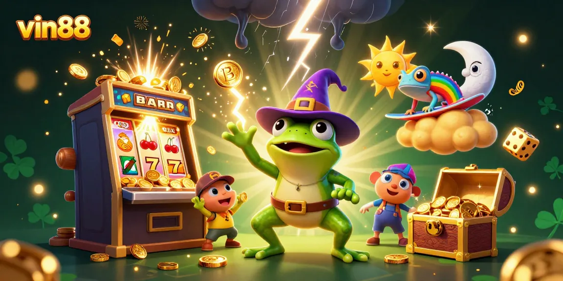 Experience the thrilling vin88 online casino with a dynamic illustration featuring a whimsical frog wizard and vibrant casino elements.