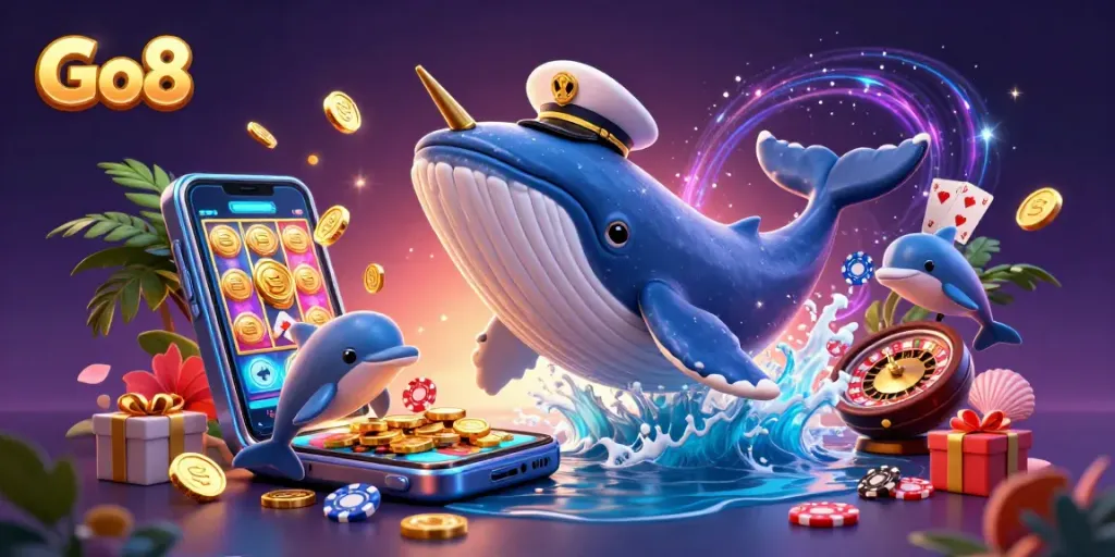 Go8 showcases a vibrant 3D scene with a whale, narwhal, and dolphins surrounded by casino elements like poker chips.
