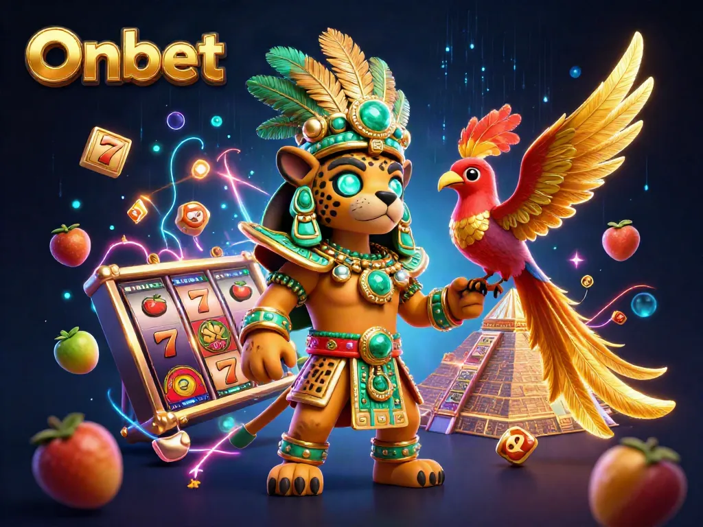 Experience excitement in Onbet casino with a rich 3D illustration of a Mayan priest among vibrant slot reels.
