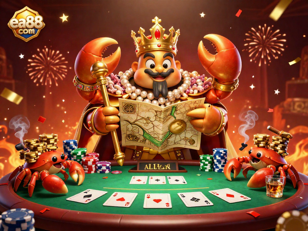 Engage with the thrilling essence of ea88 com featuring a golden crab emperor and poker elements in a lavish casino scene.