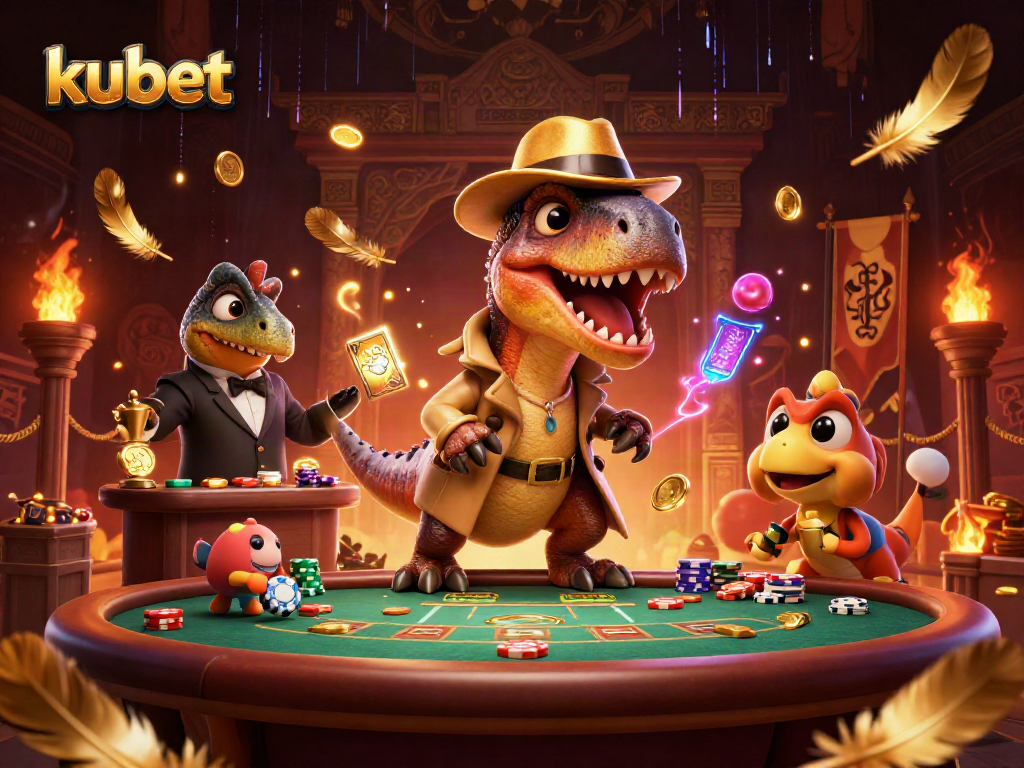 Engage with kubet's vibrant and dynamic scene featuring cartoon dinosaurs in a high-stakes casino.