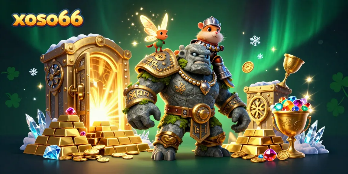 Experience the magic of xoso66 with a golem guardian, fairy, and hamster knight amidst treasures.