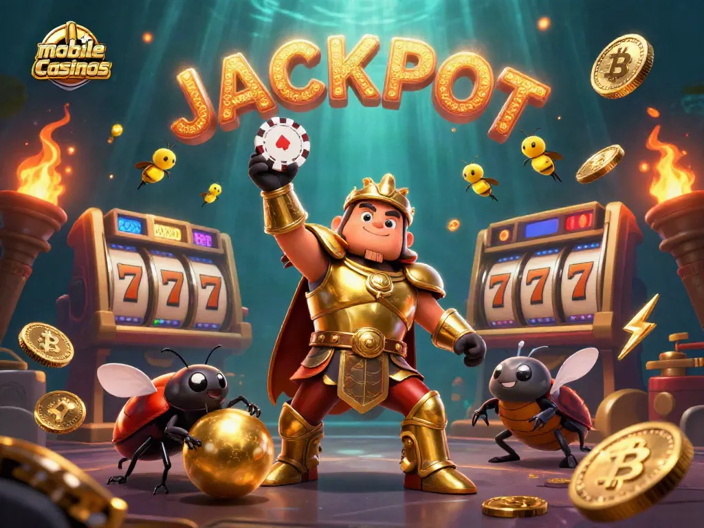 Experience the excitement of mobile casinos with a jubilant beetle hero lifting a poker chip amidst jackpot symbols.