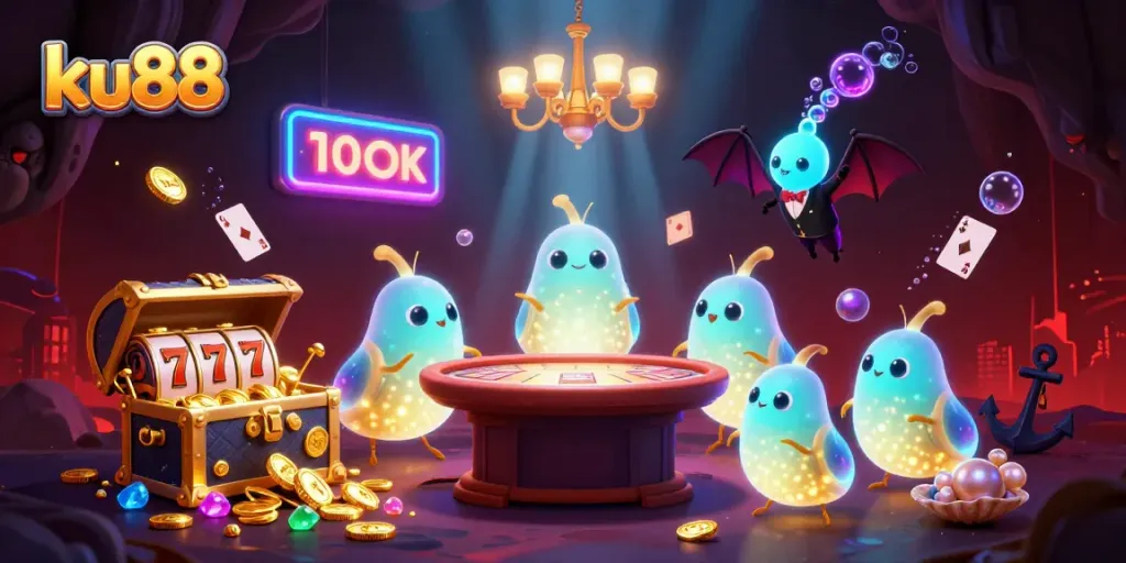 Experience excitement with ku88 at an underwater casino featuring vibrant glowworms and slot games.