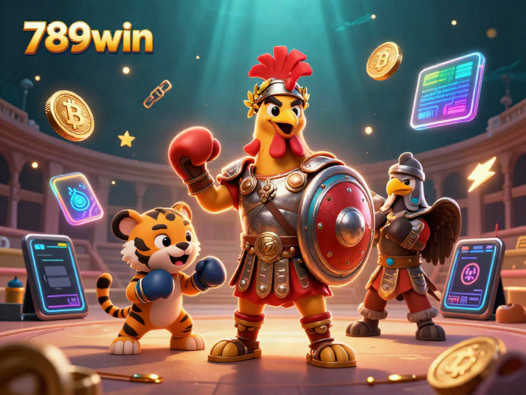 Engage in exciting gaming with 789win as a gladiator rooster battles a tiger cub in a vibrant casino scene.