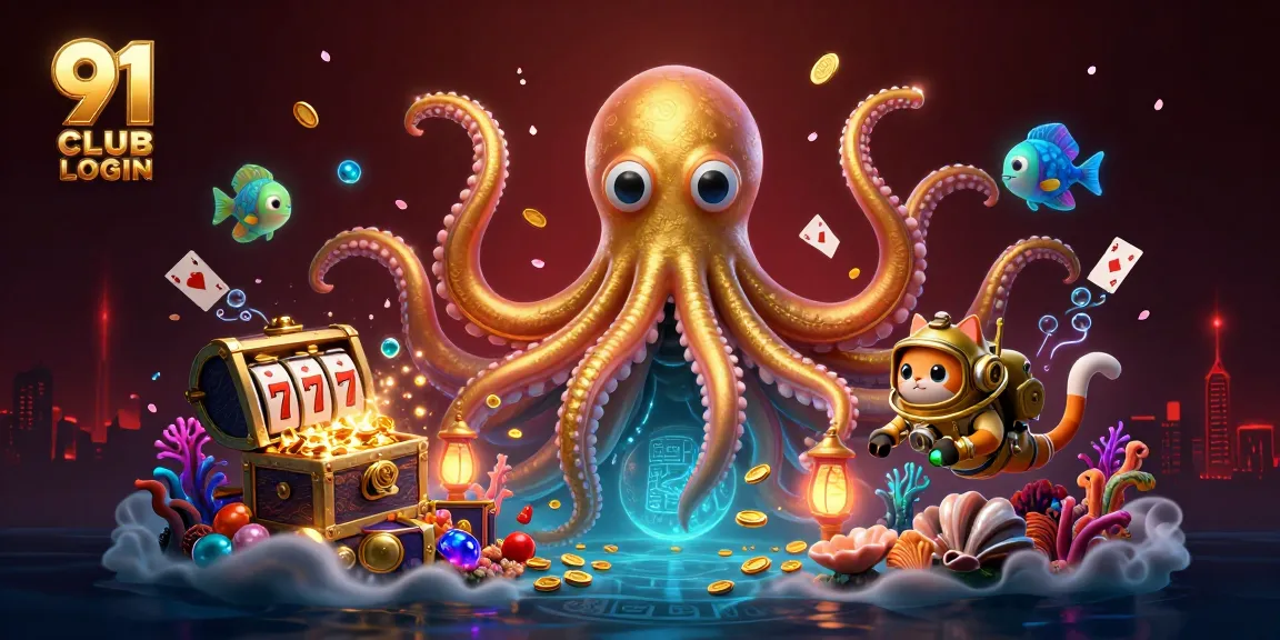 Join the thrilling 91 CLUB LOGIN adventure with a kraken and diving cat in a treasure-filled scene.