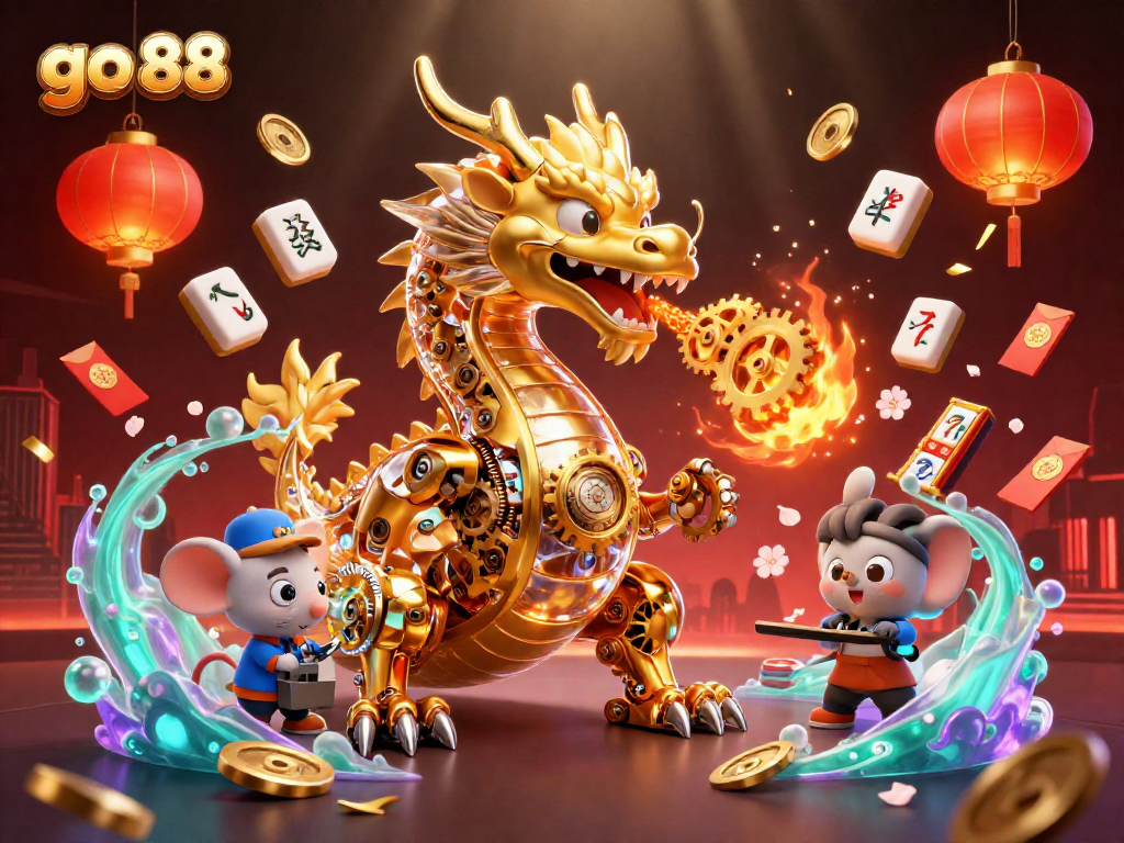 Experience excitement at go 88 with a dynamic 3D illustration of a golden dragon amidst casino elements.