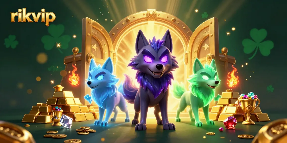 Experience the excitement of rikvip with dynamic ghostly wolves amid a treasure-filled scene.