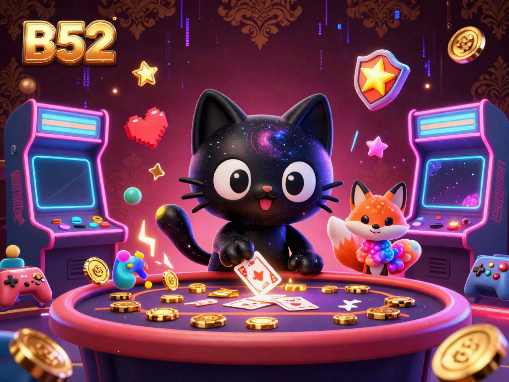 B52 galaxy-themed casino illustration featuring a black hole cat and a nebula fox amidst dynamic gaming elements