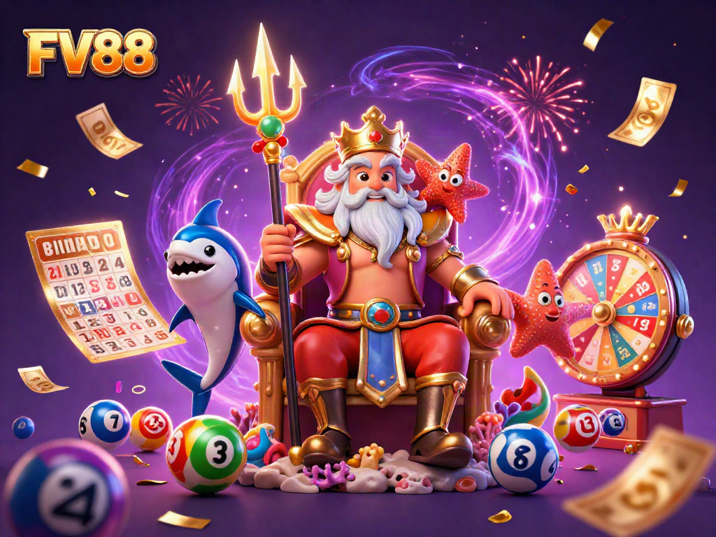 Engage in exciting FV88 lottery experiences with vibrant 3D elements and characters.