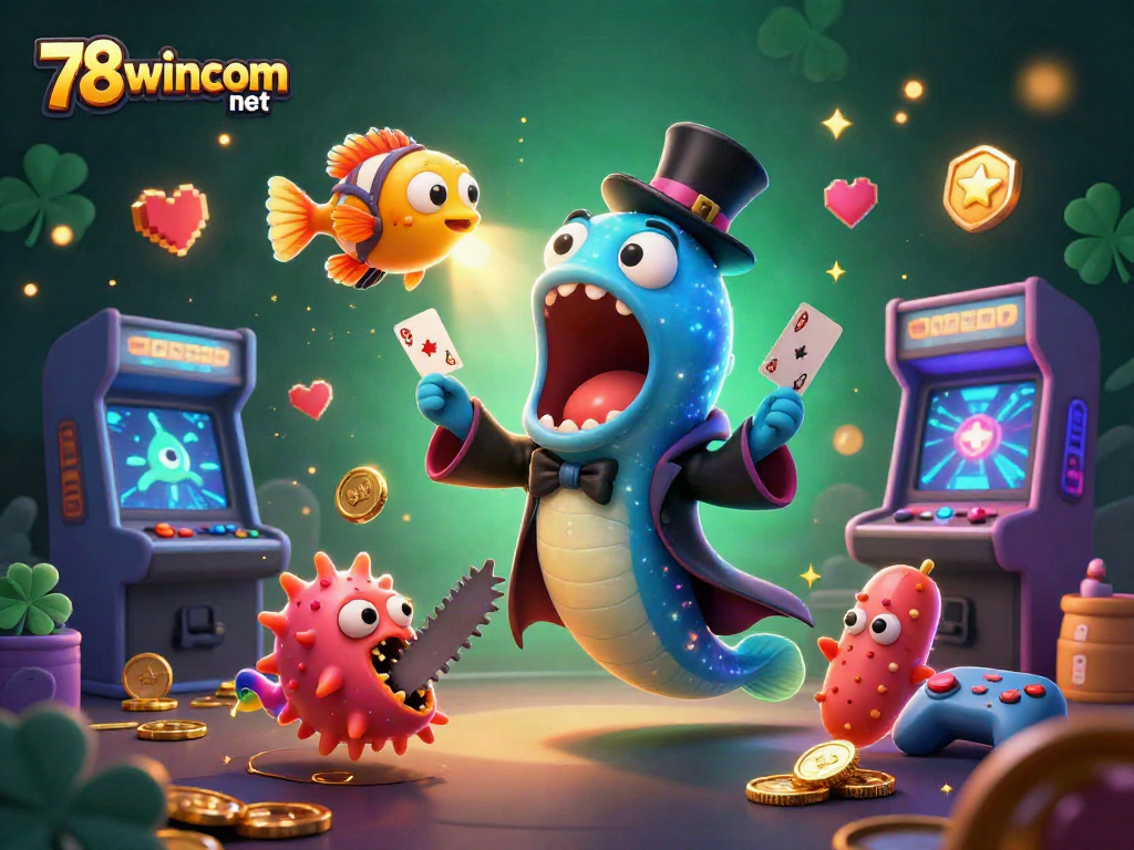 Experience the magic of 78wincom net in a vibrant casino-themed 3D illustration featuring card tricks.