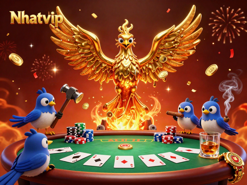 Nhatvip showcases a vibrant poker scene with molten golden phoenix and poker elements.