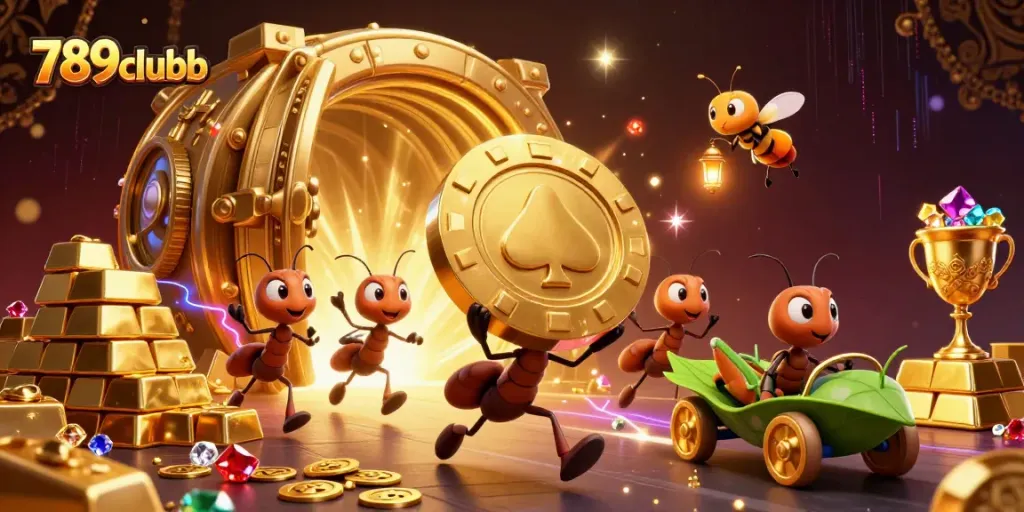 Experience thrill with 789clubb as ants steal a giant poker chip in this vibrant casino heist scene.