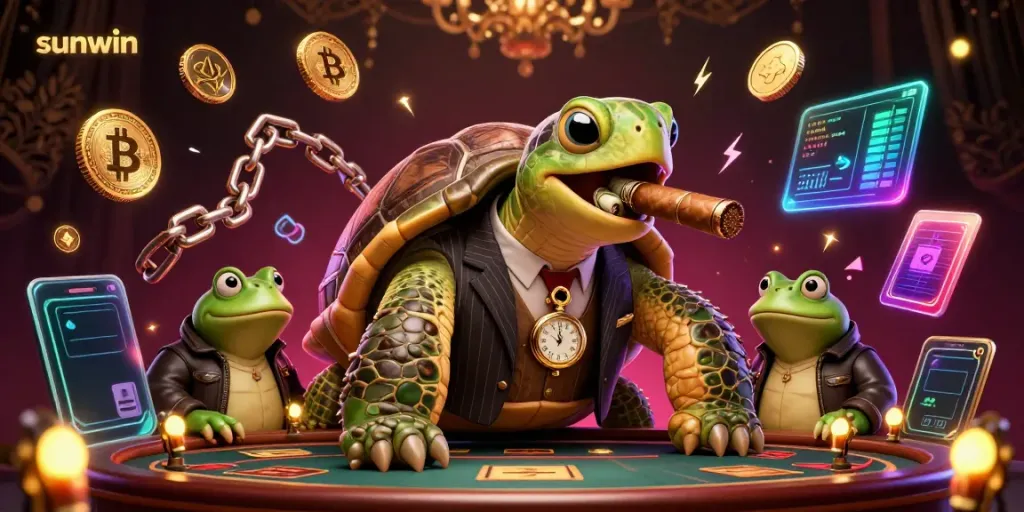 Experience sunwin's vibrant casino energy with a massive turtle mobster and bullfrog enforcers amidst digital riches and neon lights.