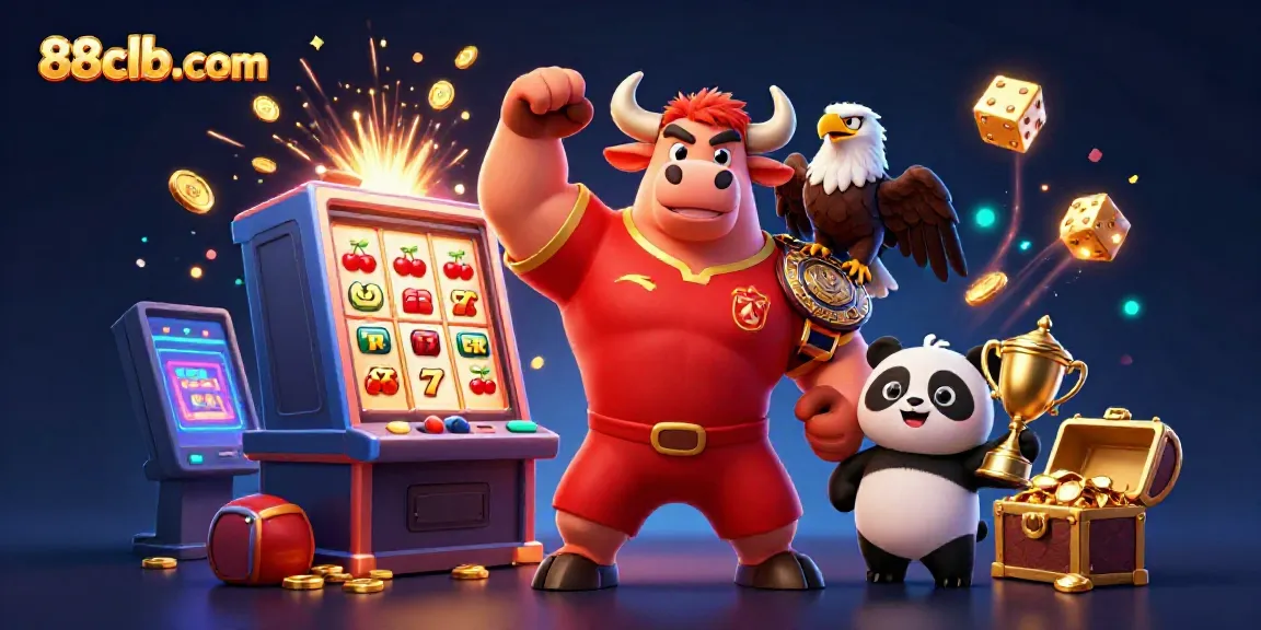 Experience the excitement at 88clb-com with a dynamic scene featuring a victorious bull mascot, eagle, and panda in a vibrant casino atmosphere.